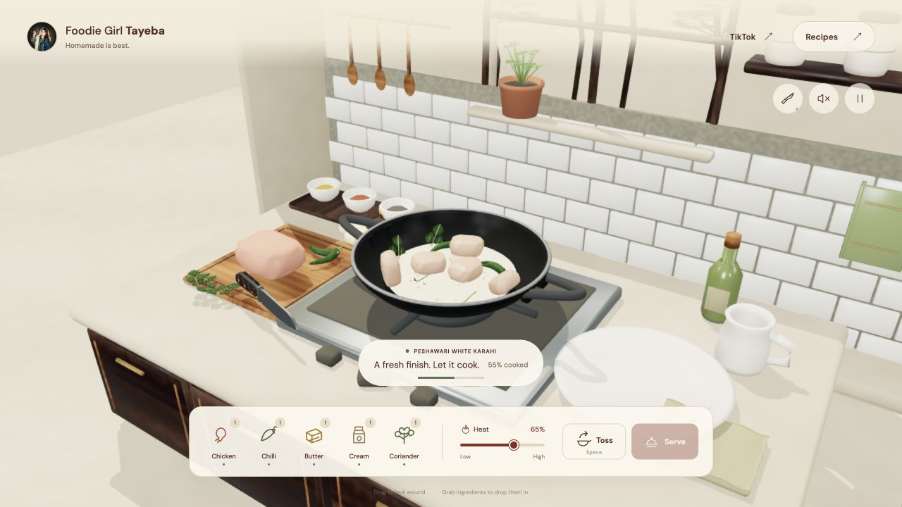 A 3D kitchen with a karahi and a knife on a walnut board